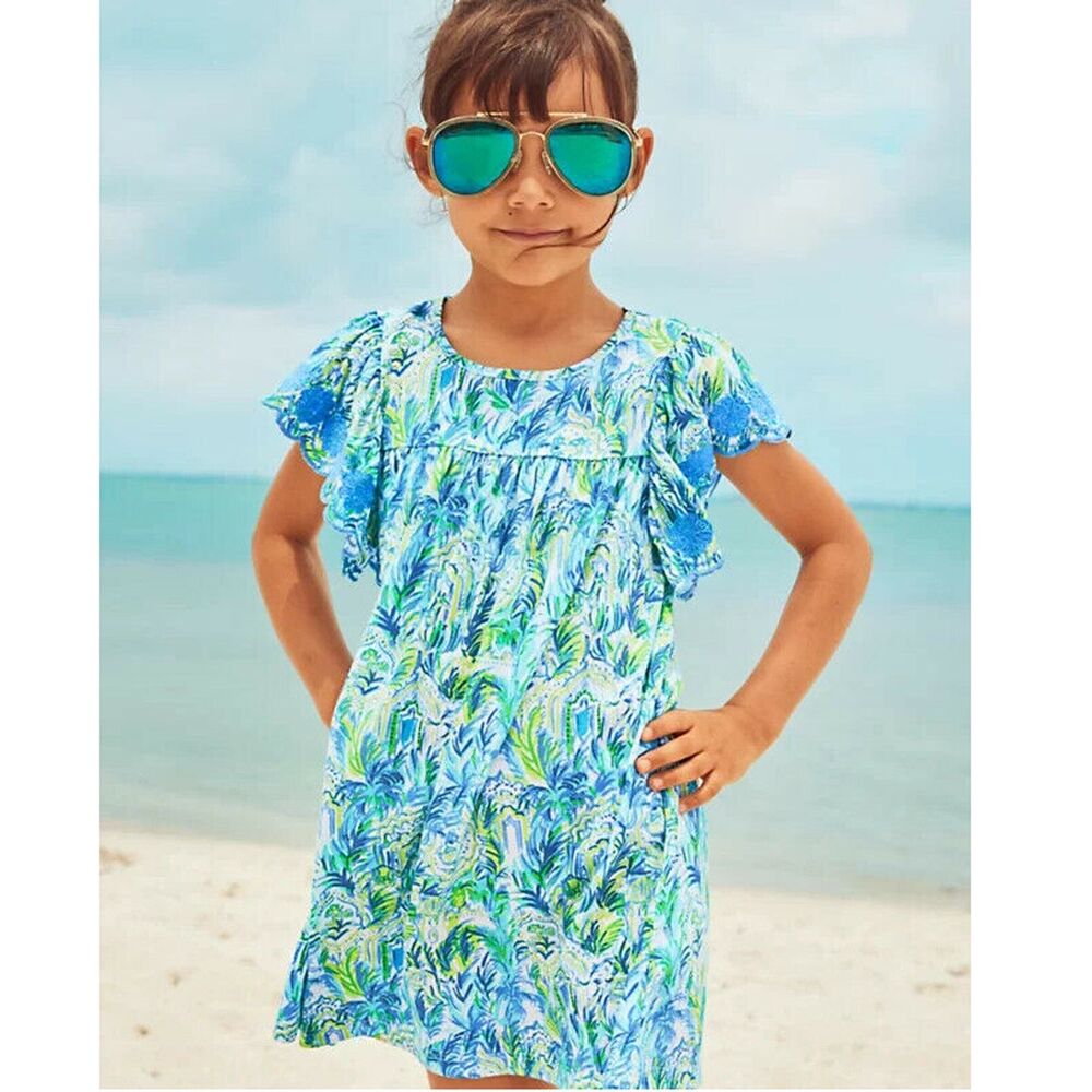 Lilly Pulitzer Girls Stassie Dress Scalloped Sleeve Printed M 6-7 YRS 290629